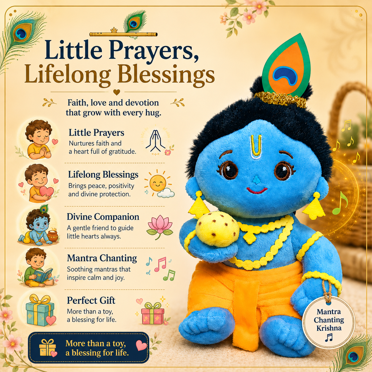AVS Baby Laddu Gopal Krishna Plush Soft Toy With Music Mantra (20cm)