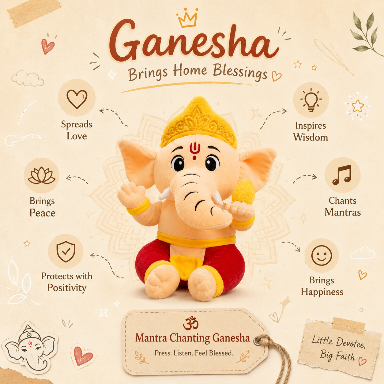 AVS Baby Ganesha Plush Toy With Music Mantra with Modak (25cm)